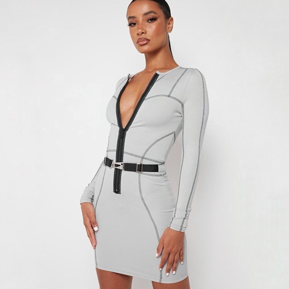 MANIÈRE DE VOIR GRAY BLACK CLIP BUCKLE WAIST BELT LONG SLEEVE BODYCON DRESS - Picture 1 of 9